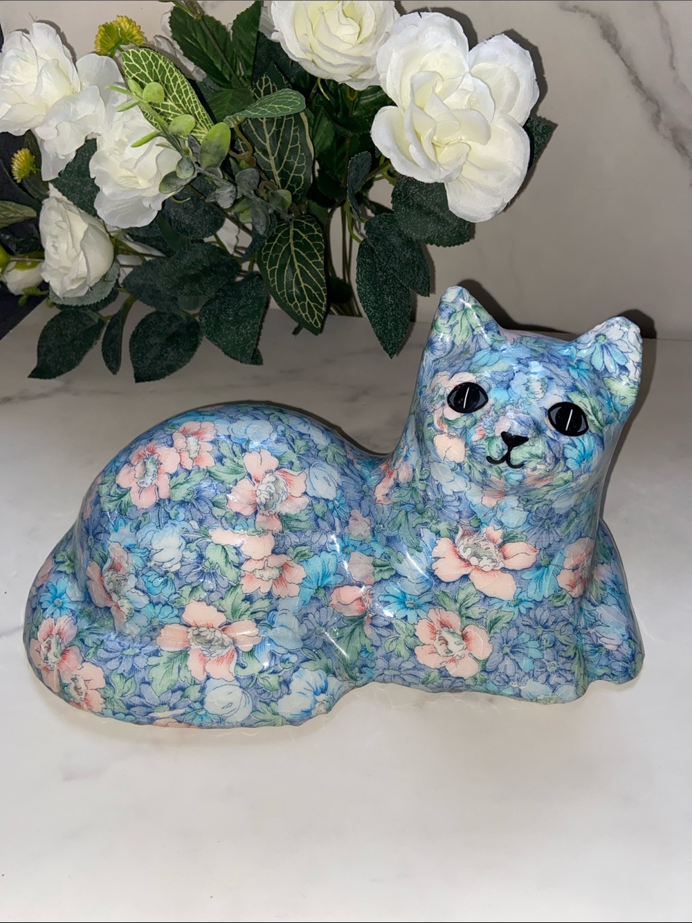 Large Floral Decoupage Cat Figurine in Blue and Pink House Decoration for Mental